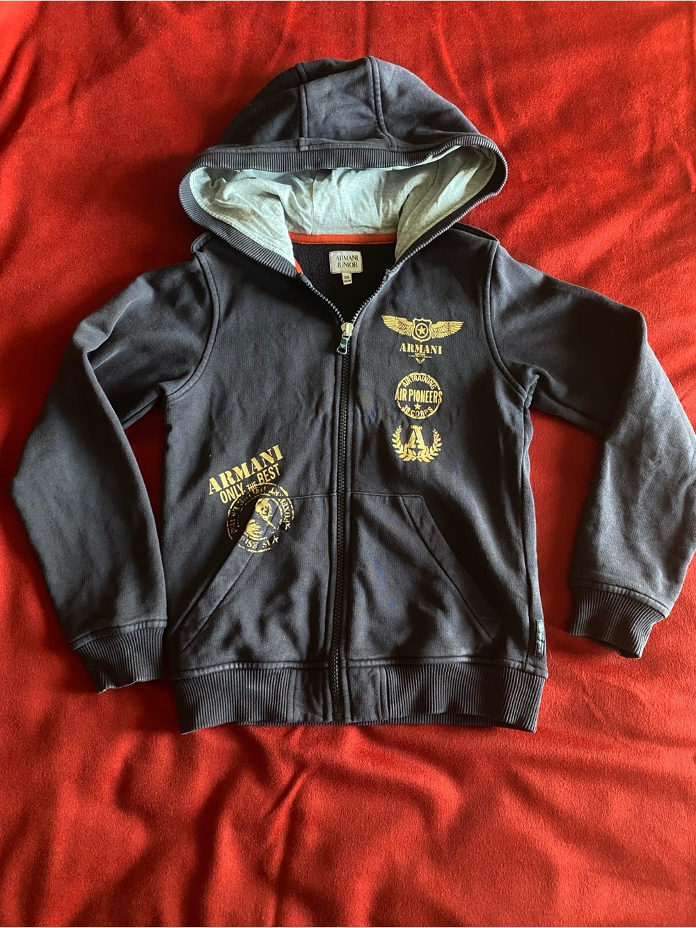 Armani Junior Navy Blue Hooded Pullover, Size 10A, 100% Cotton